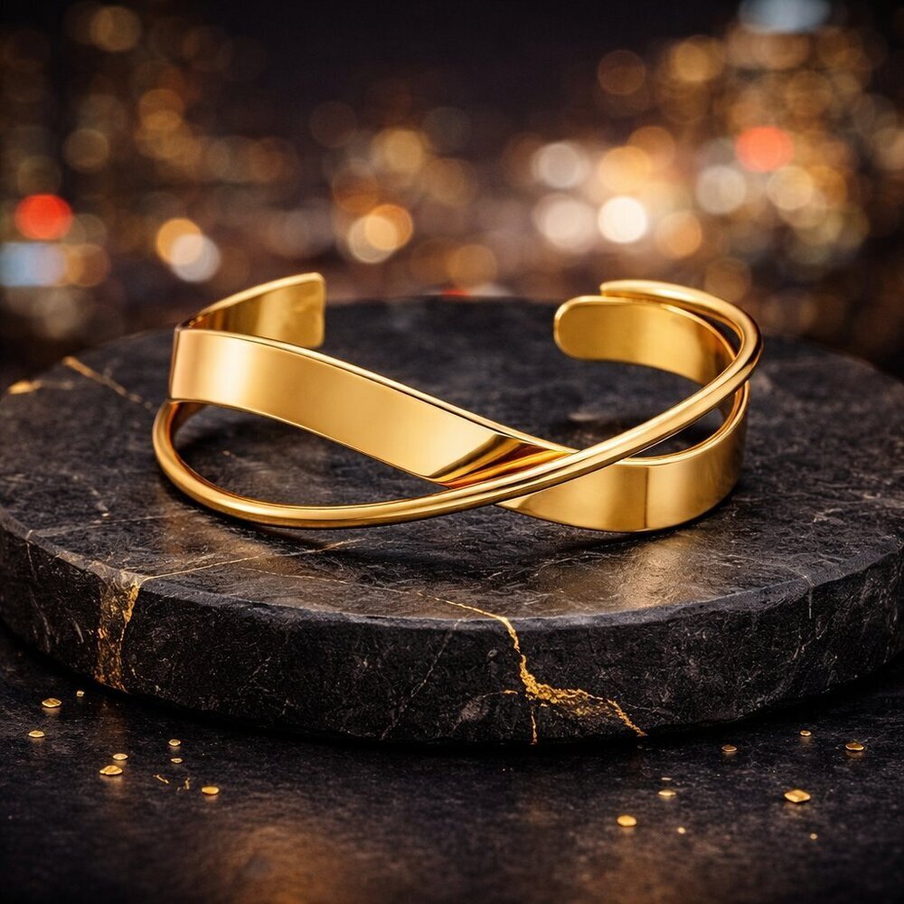 18K Gold Plated Stainless Steel Bangle Non Tarnish Waterproof Overlap Cuff